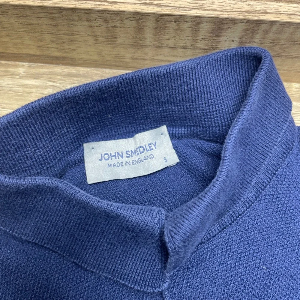 John Smedley Navy Sea Island Cotton Knit Polo Sweater Shirt Mens S England Pique